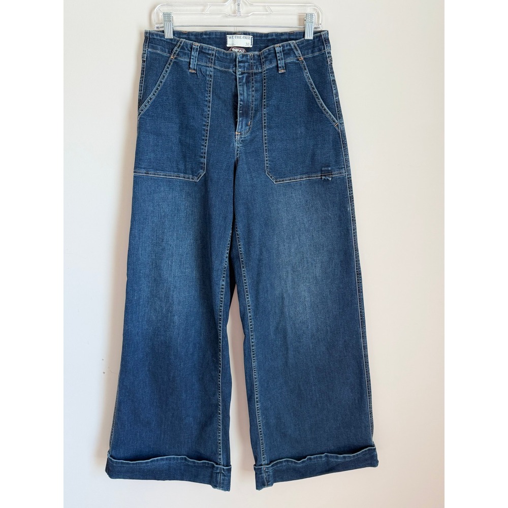 We The Free Wide Leg Jeans Women 30 Blue Baggy Patch Pocket Curvy Denim